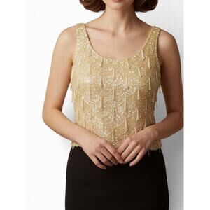 Vintage S 60's Top Tank gold-colored sequin tank top scalloped beadwork fringe